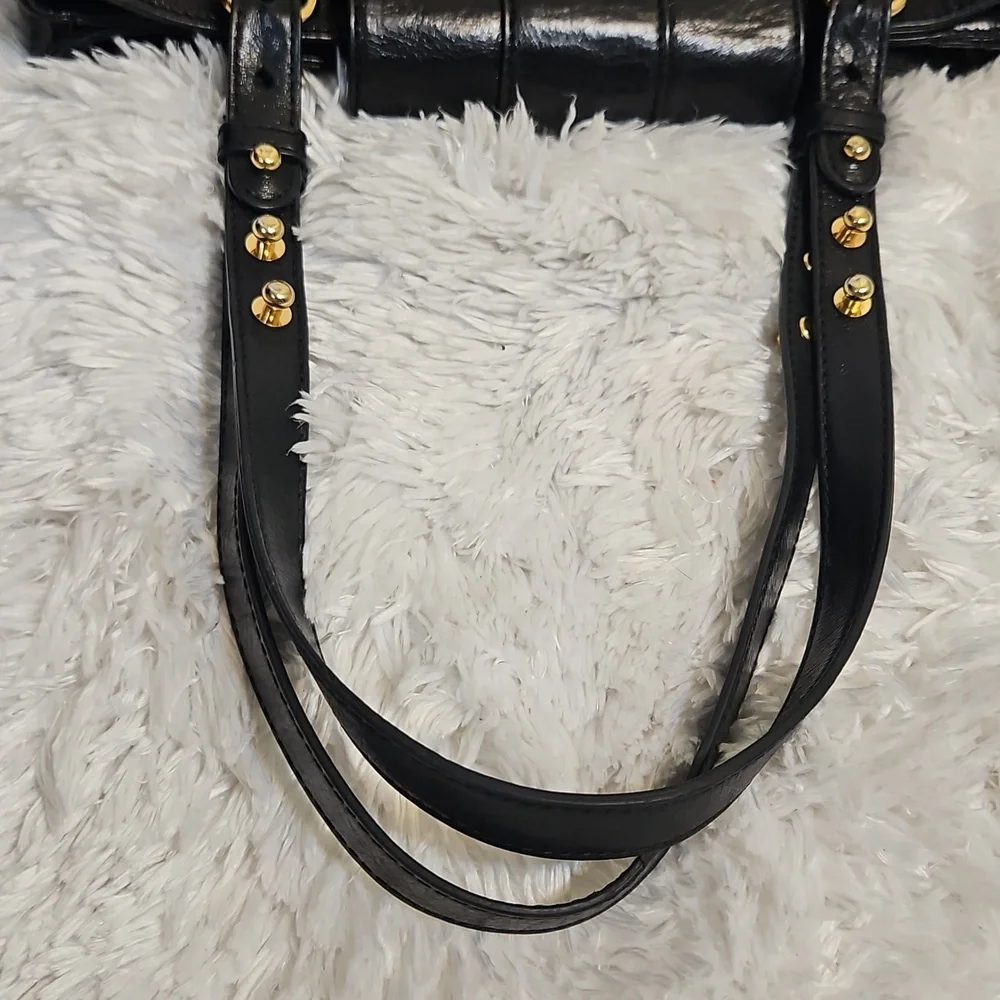 Badgley Mischka Black Patent Leather Tote Bag‎ Gold Buckle Shoulder Bag